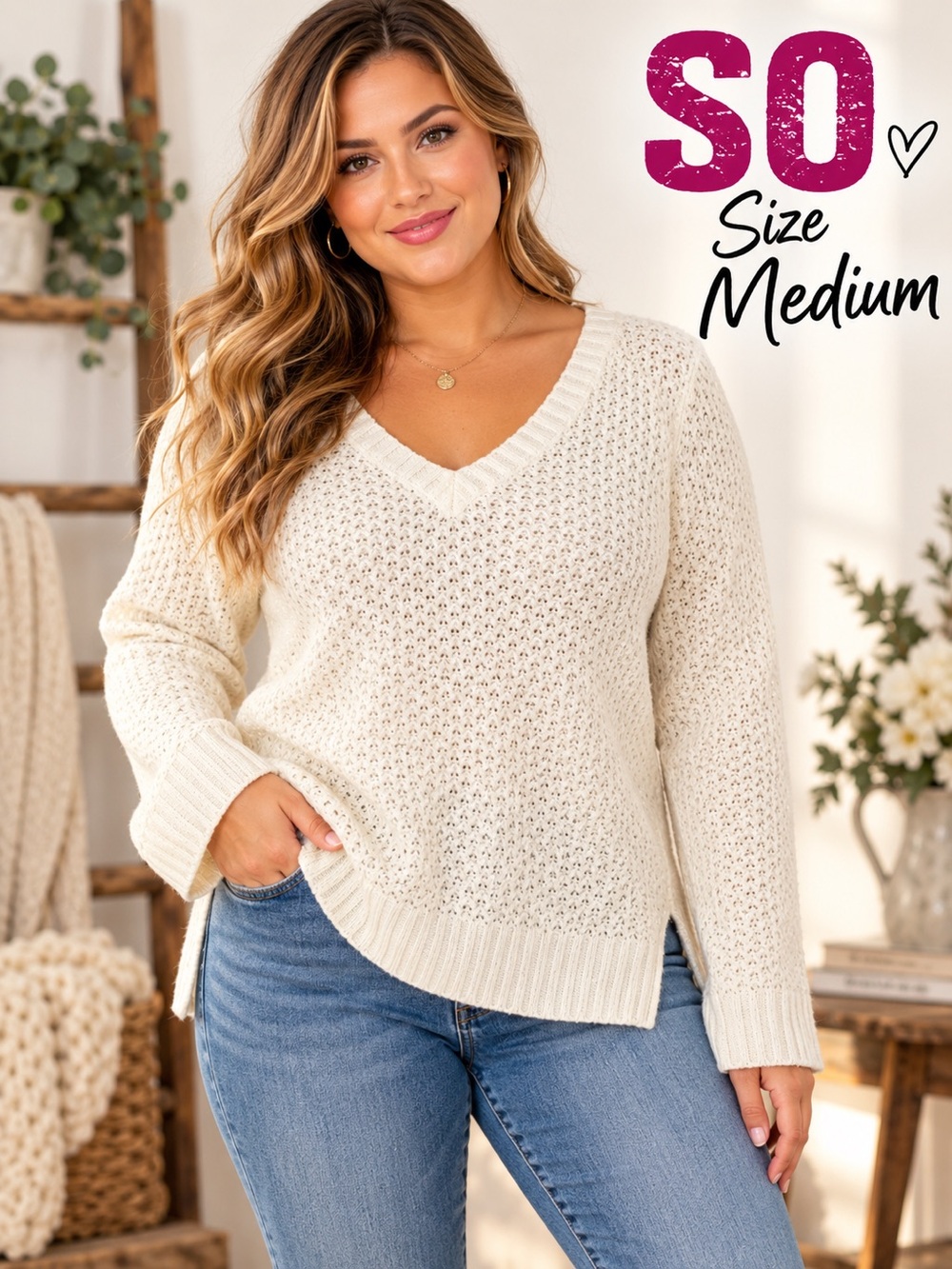 SO Size Medium Ivory Shimmer Open Knit V Neck Sweater Hi Low Side Slit